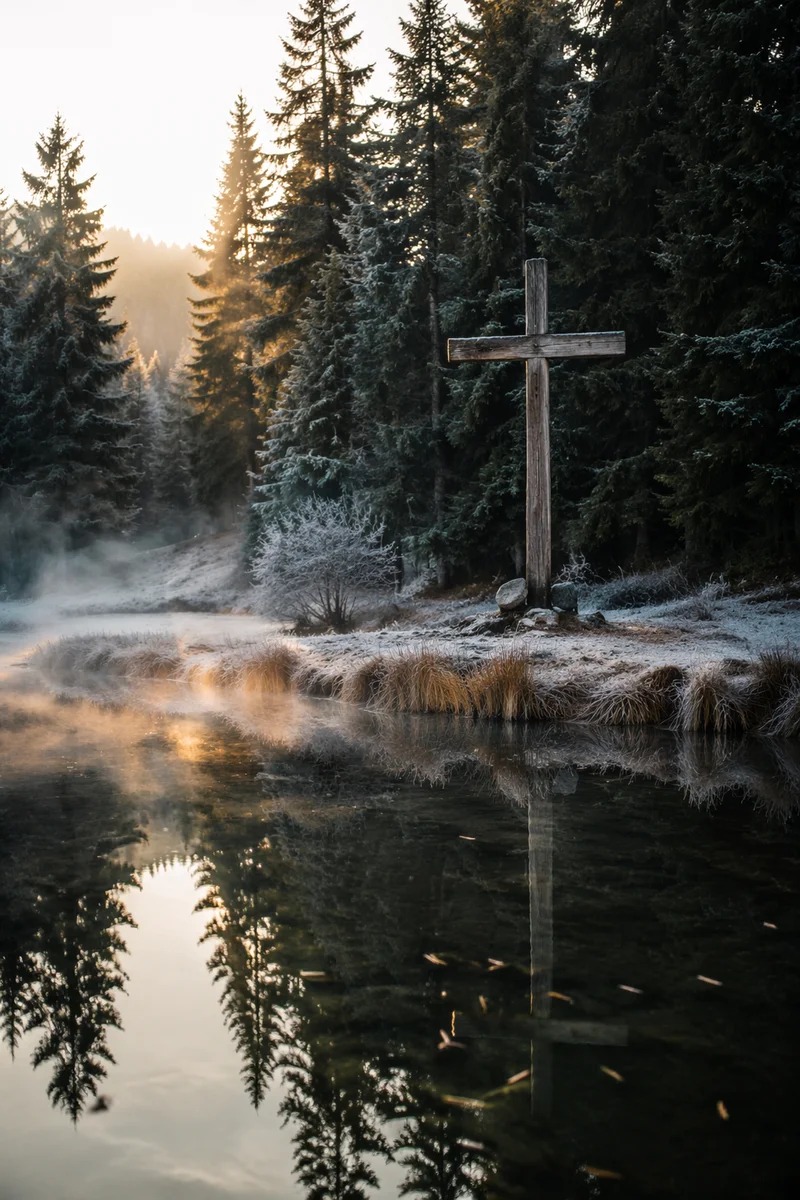 Wooden Cross Reflected in Winter Pond
