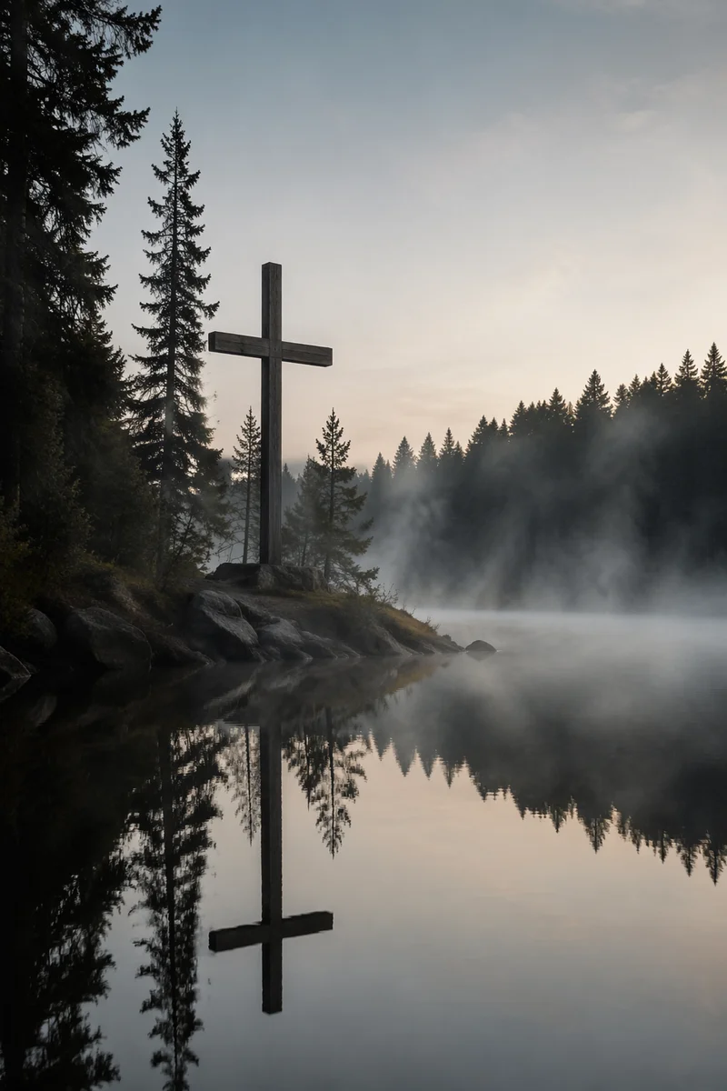 Wooden Cross Reflected in Still Lake
