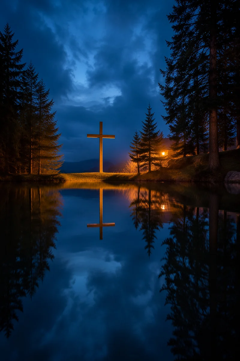 Wooden Cross Reflected in Still Blue Water