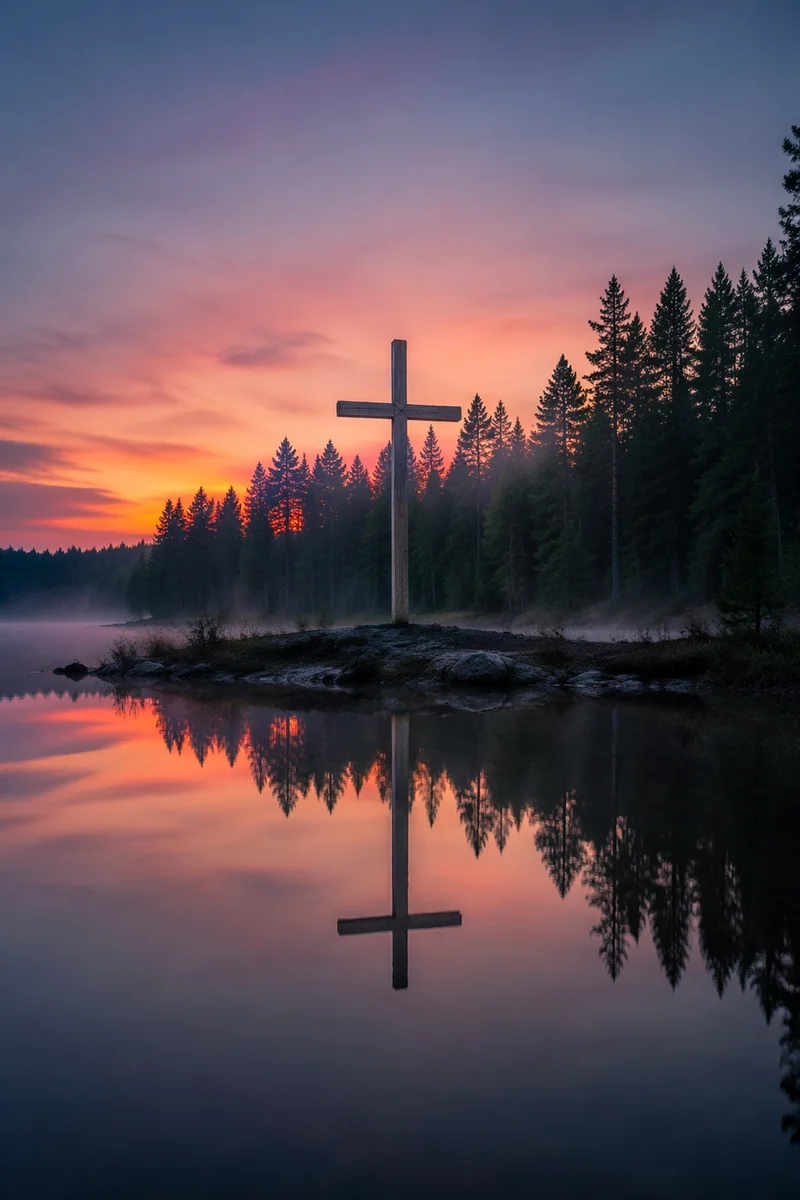 Wooden Cross Reflected in Still Lake