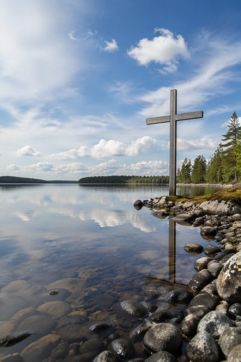 Wooden Cross Reflected on Peaceful Lakeshore