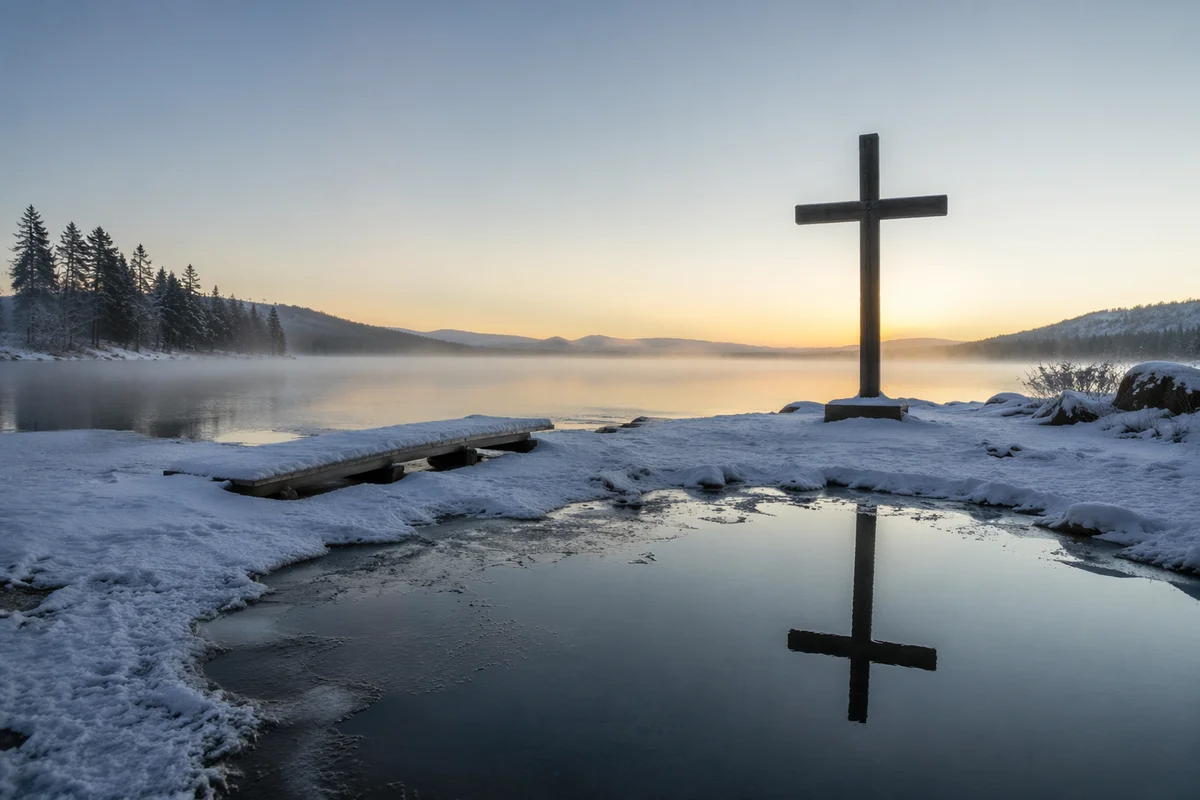 Wooden Cross Reflected on Frozen Lake
