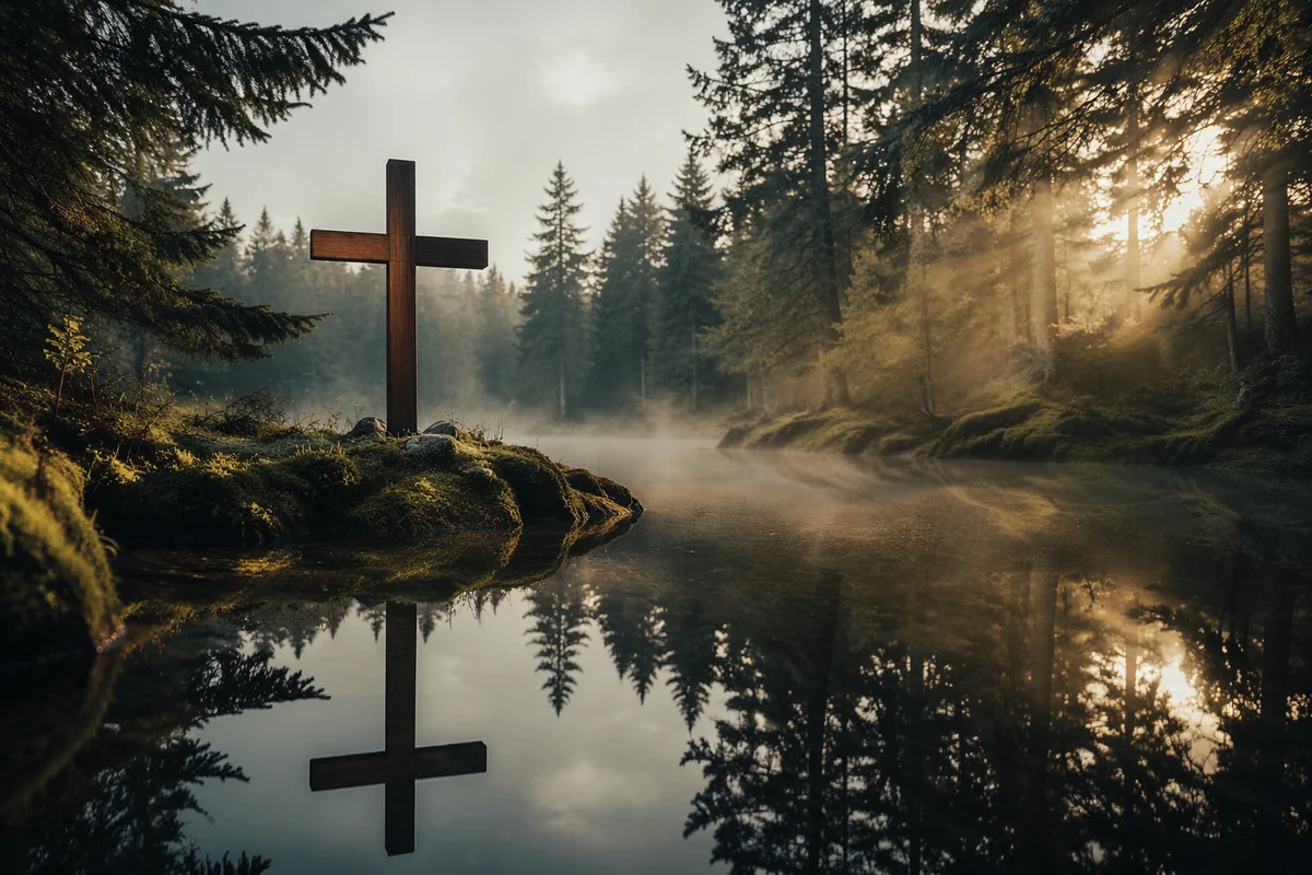 Wooden Cross Reflected in Evergreen Pond
