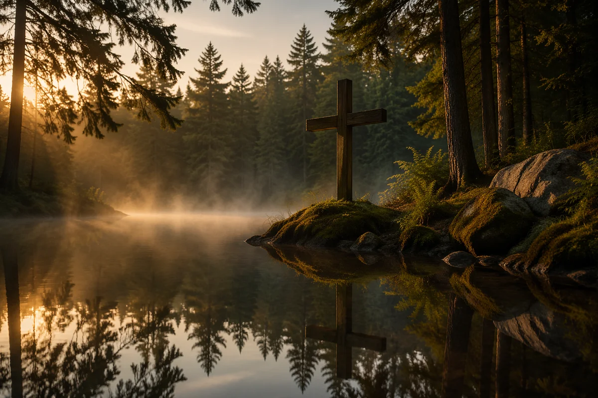 Wooden Cross Reflected in Evergreen Pond