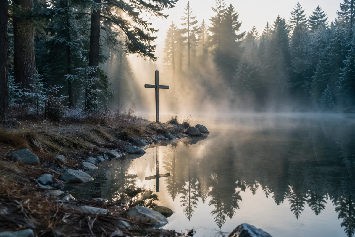 Wooden Cross Reflected in Misty Evergreen Pond
