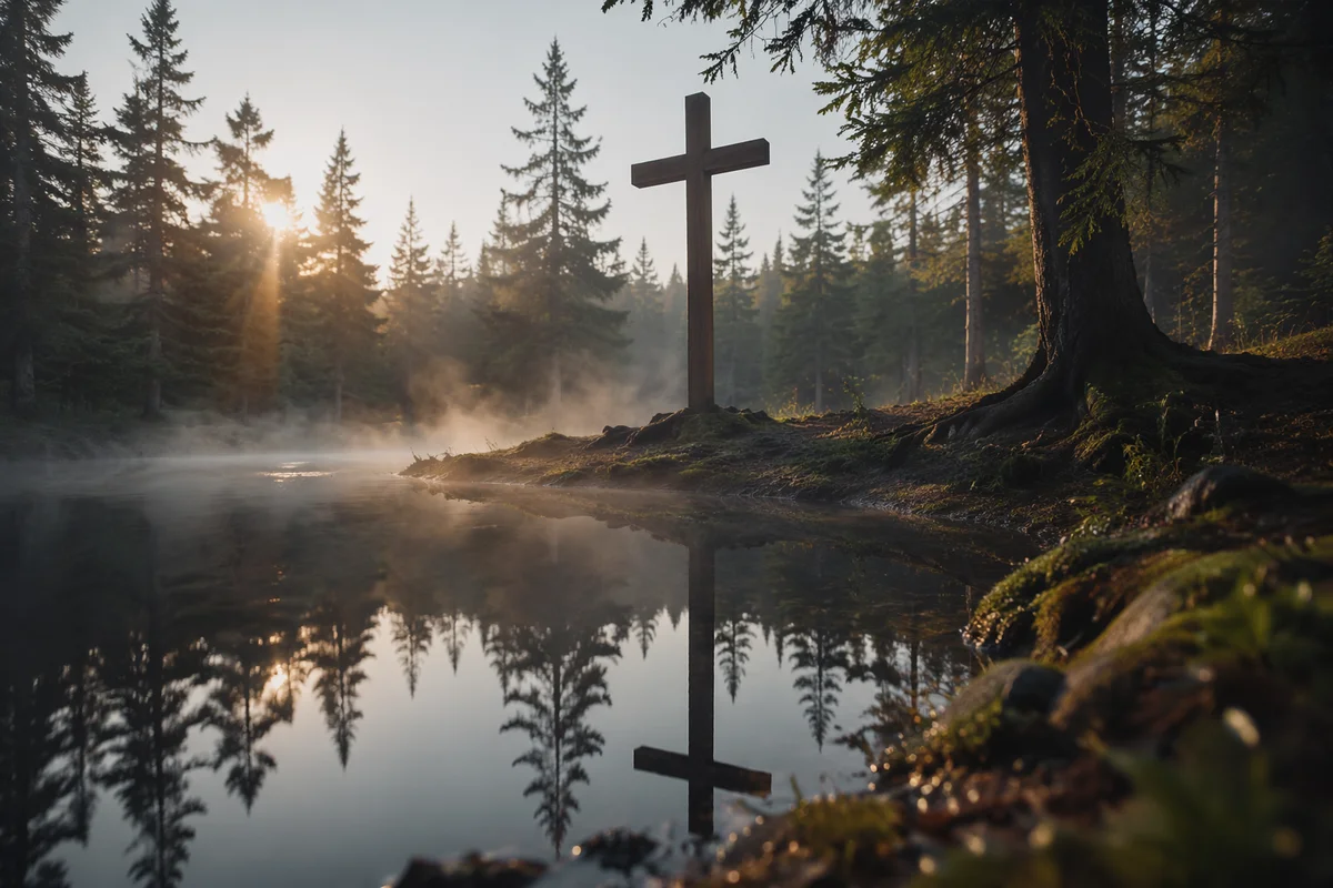 Wooden Cross Reflected in Forest Pond