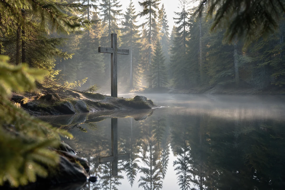 Wooden Cross Reflected in Evergreen Pond