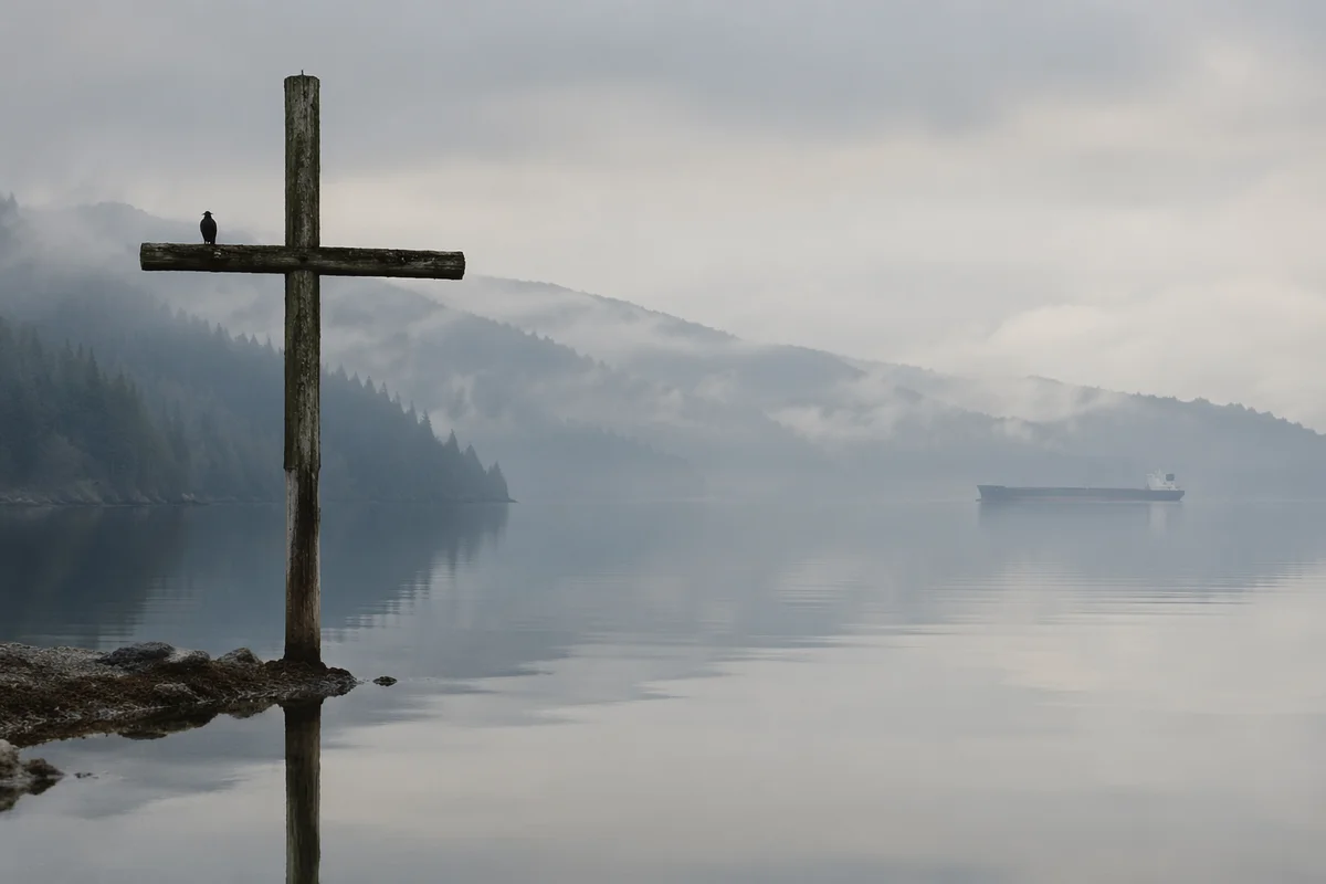 Weathered Cross Reflected in Misty Evergreen Lake