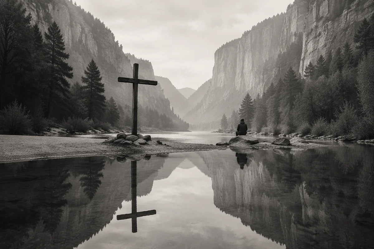 Wooden Cross Reflected in Canyon Water