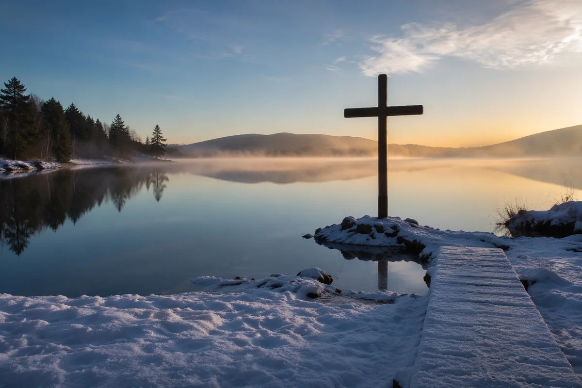 Wooden Cross Reflected on Winter Lake