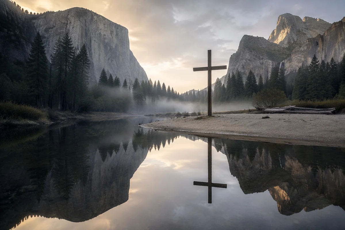 Wooden Cross Reflected in Mountain Still Water