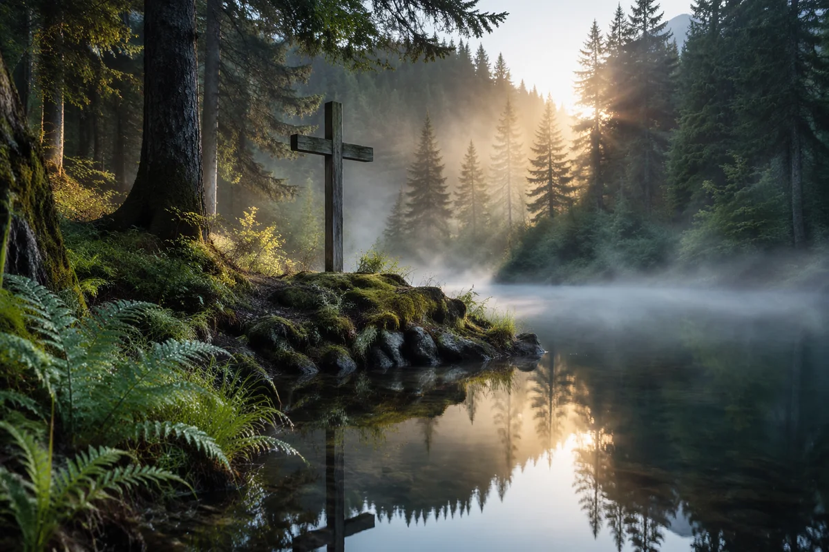 Wooden Cross Reflected in Evergreen Pond