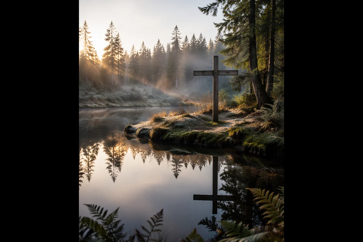 Wooden Cross Reflected in Forest Pond