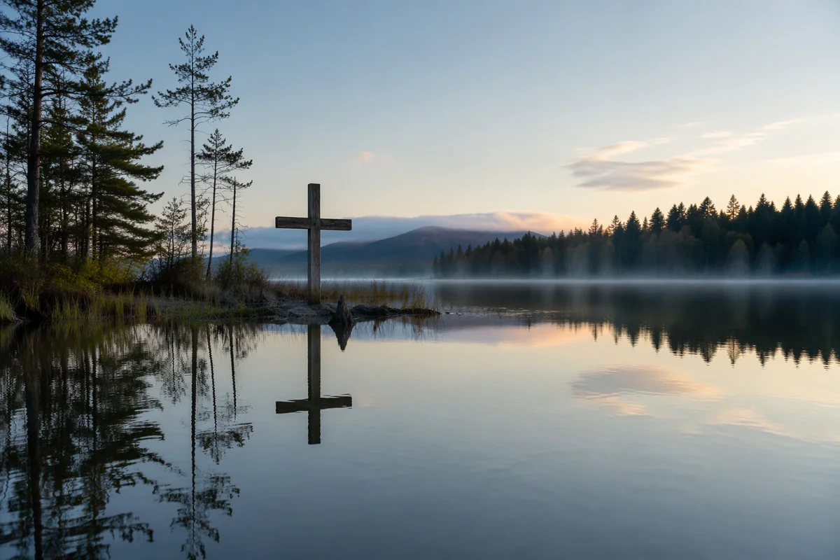 Wooden Cross Reflected on Evergreen Lakeshore