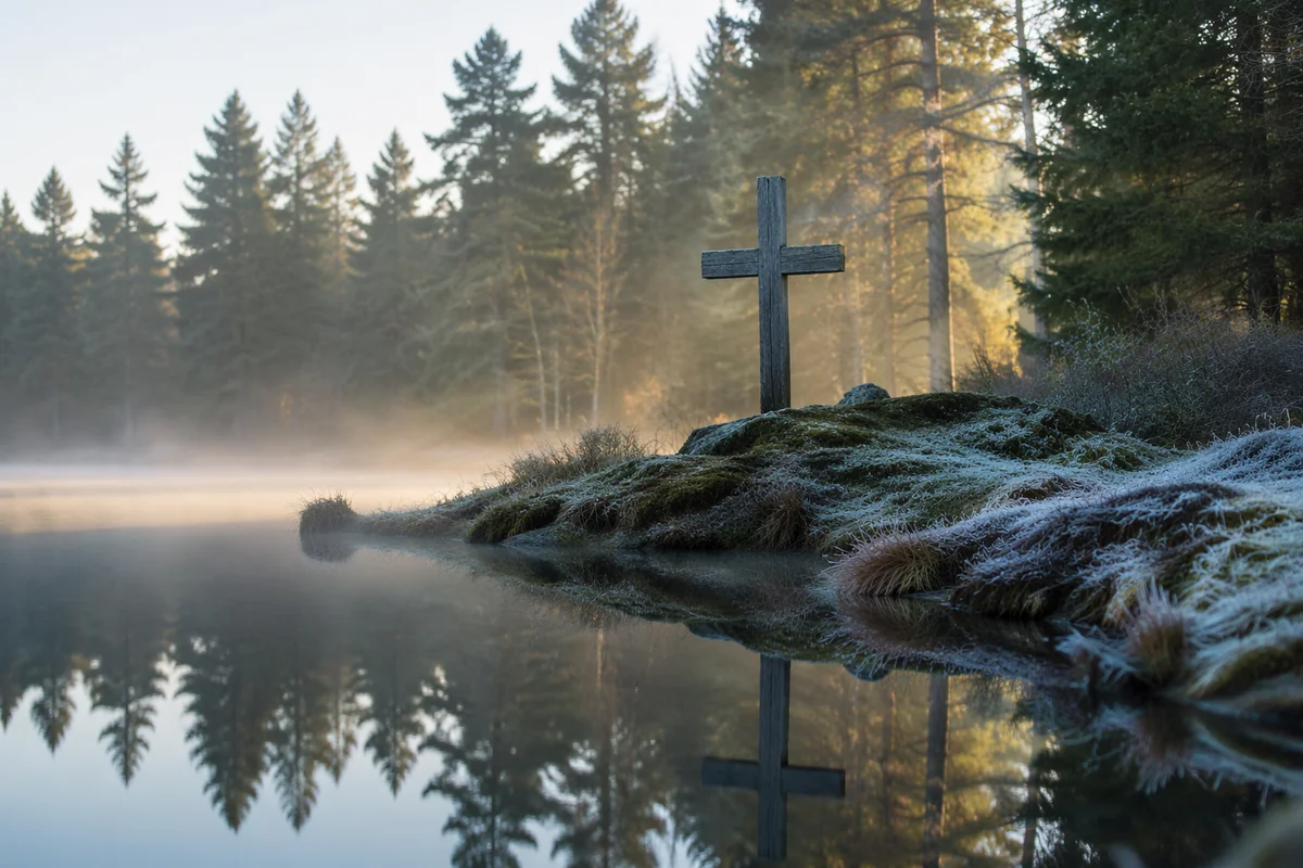 Weathered Cross Reflected in Evergreen Pond