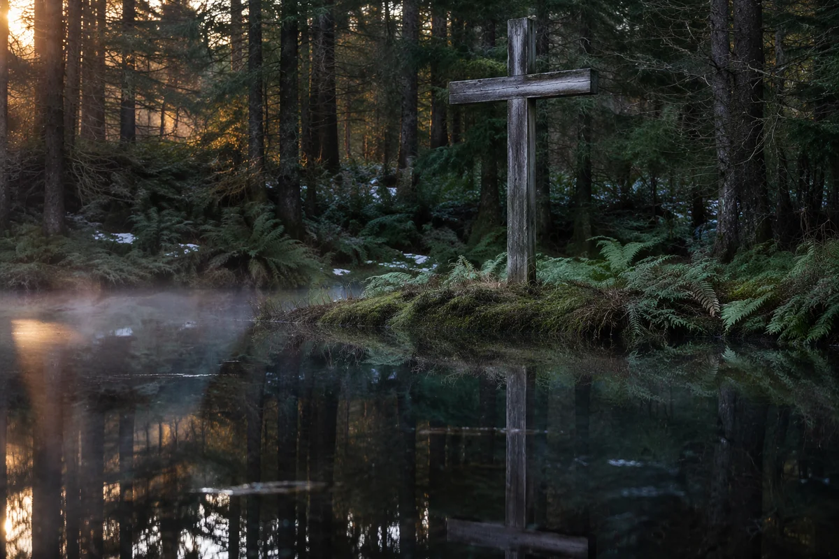 Wooden Cross Reflected in Forest Pond