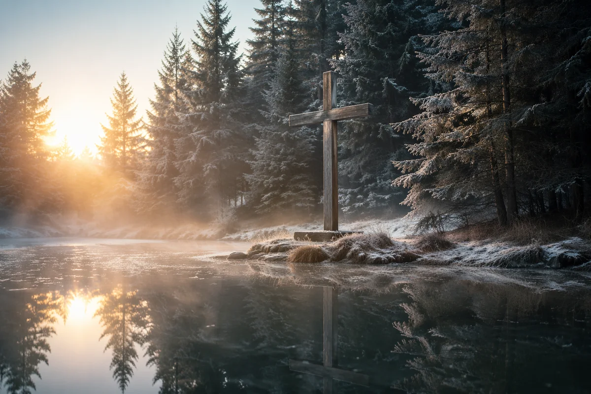 Winter Cross Reflected in Evergreen Pond