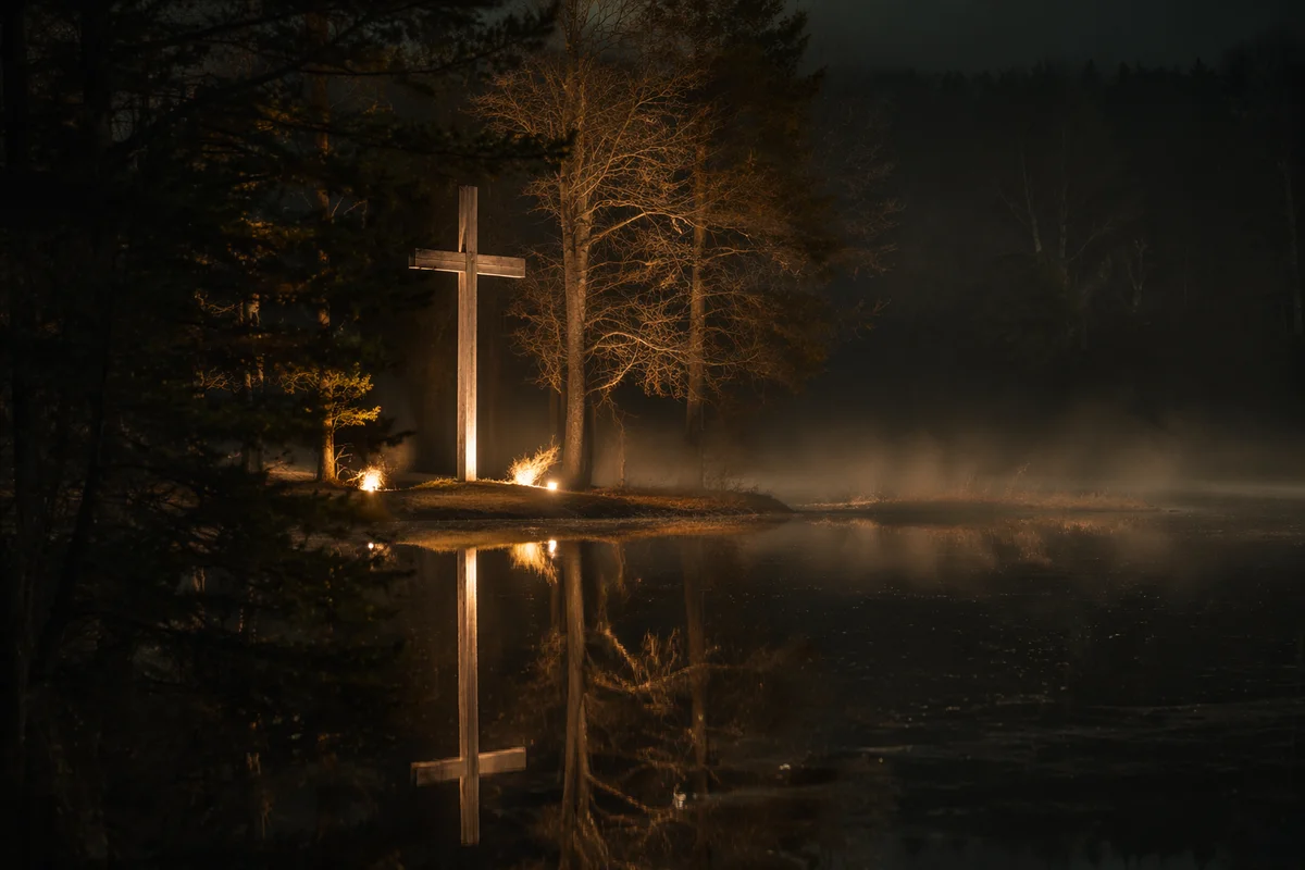 Wooden Cross Reflected in Still Water