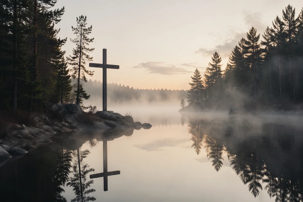 Wooden Cross Reflected in Misty Lake