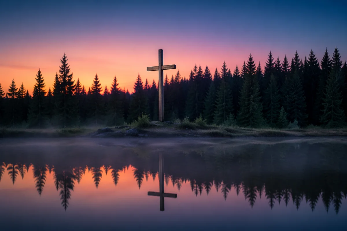 Wooden Cross Reflected on Misty Evergreen Lake