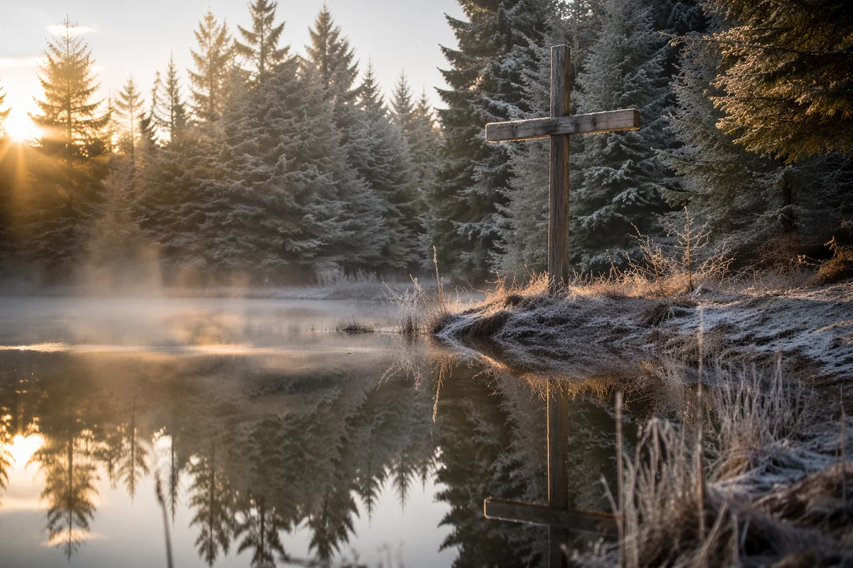 Weathered Cross Reflected in Winter Pond