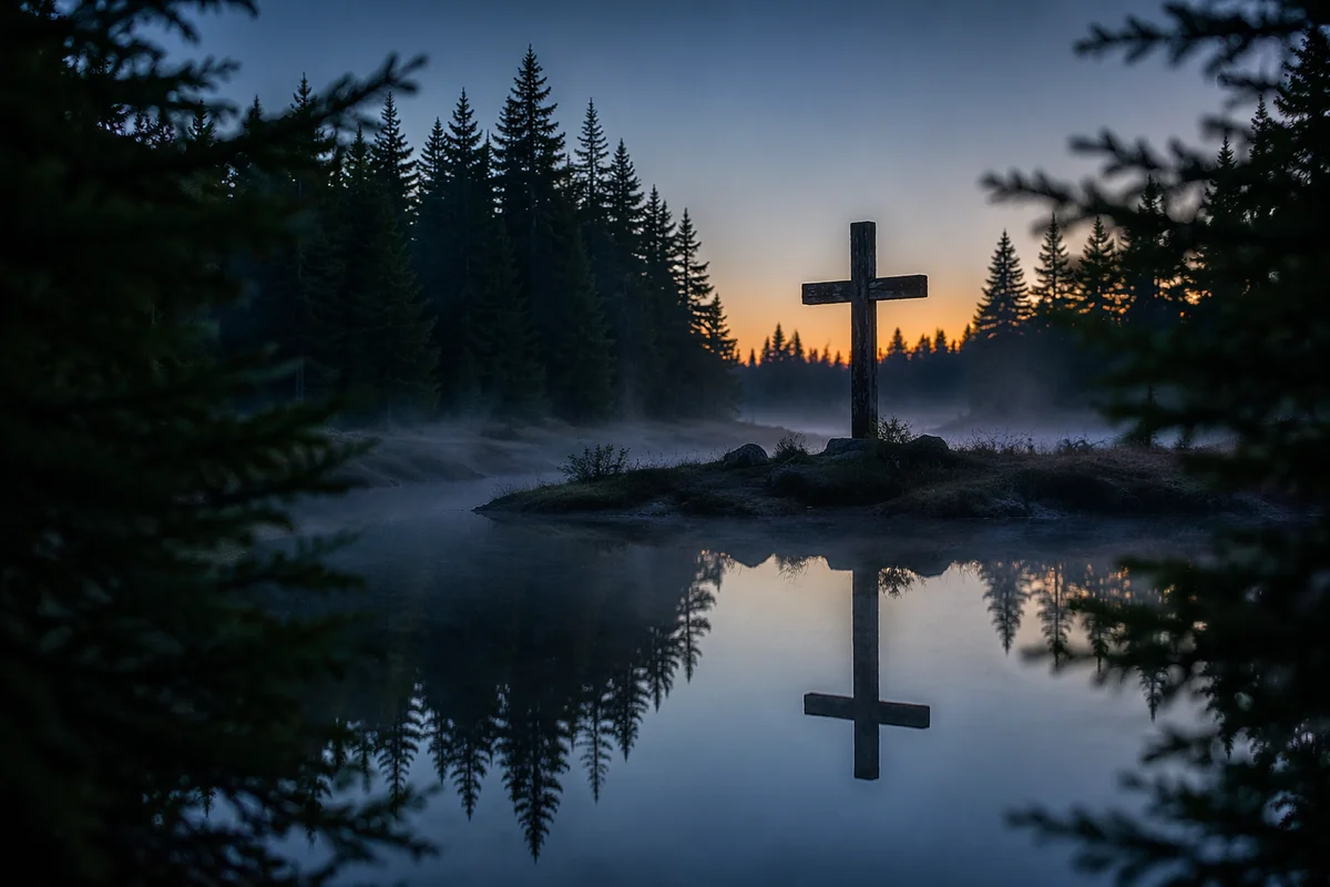 Wooden Cross Reflected in Evergreen Pond
