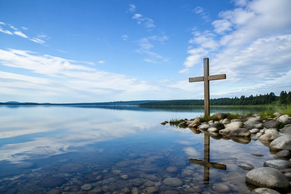 Wooden Cross Reflected on Quiet Evergreen Lake