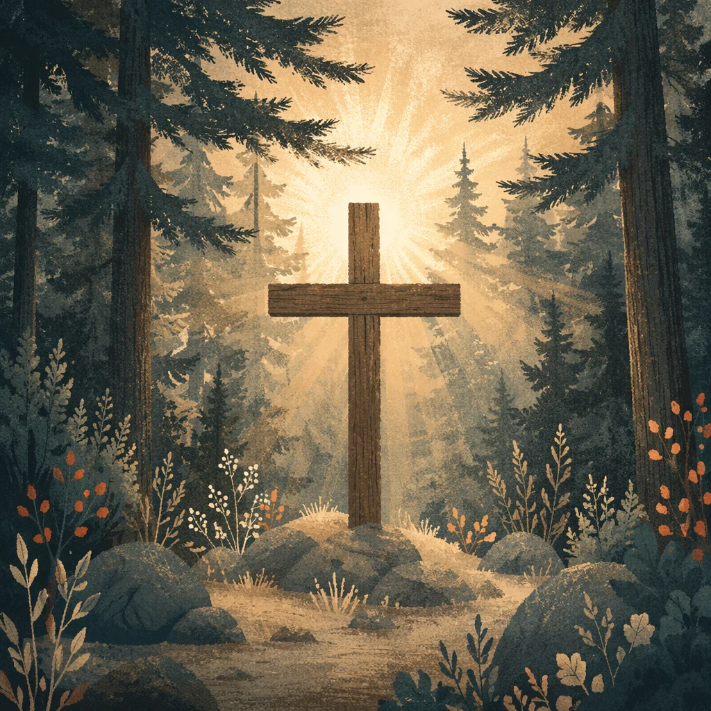 Wooden Cross in Evergreen Morning Rays