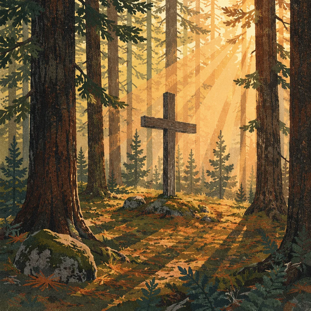 Wooden Cross in Evergreen Light Rays