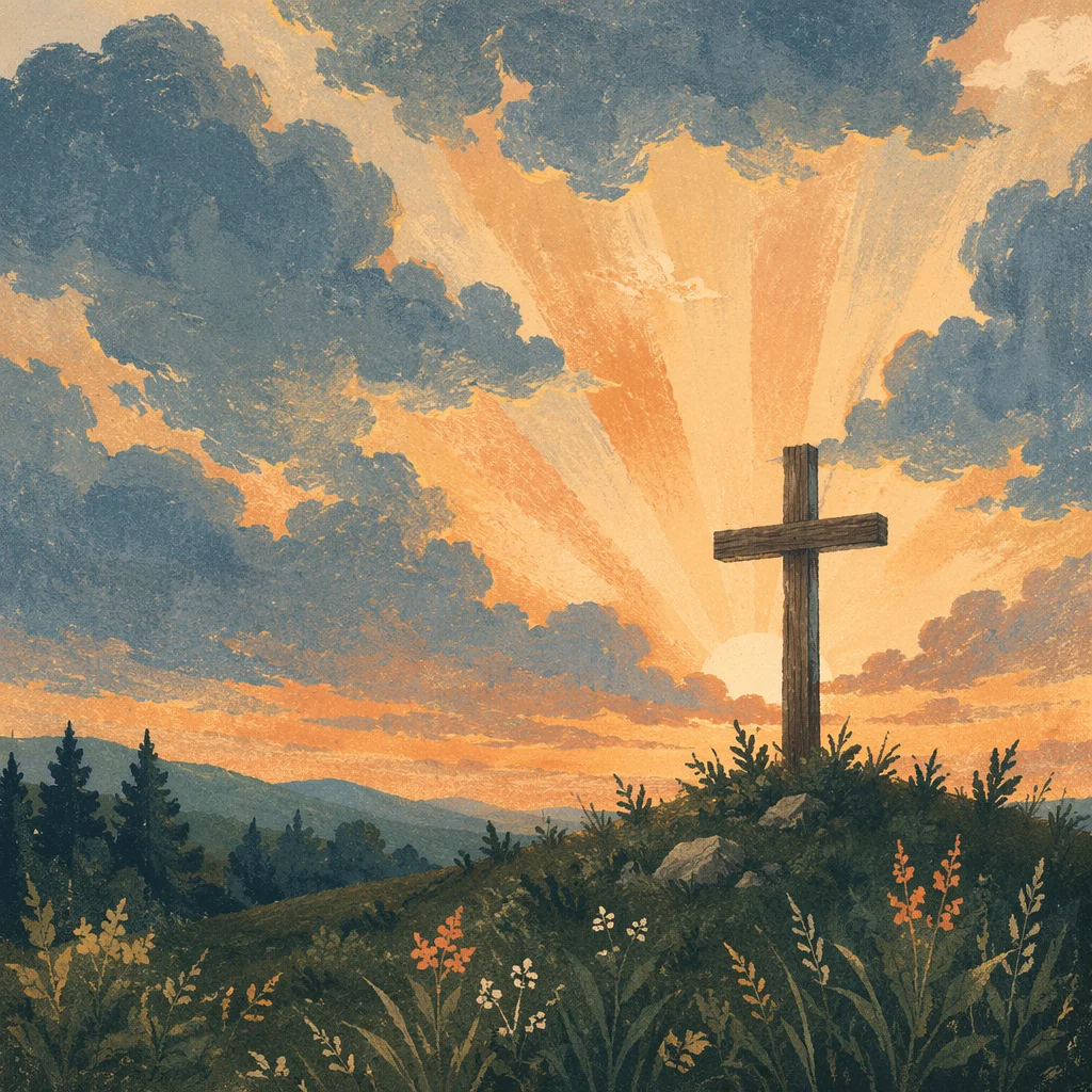 Wooden Cross Beneath Golden Sunset Rays