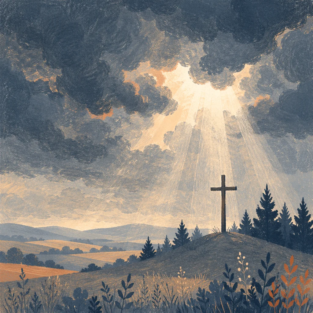 Wooden Cross Beneath Stormy Light Rays