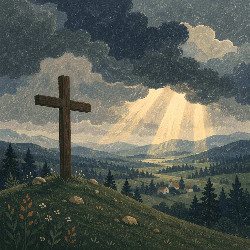 Wooden Cross Beneath Stormy Sun Rays