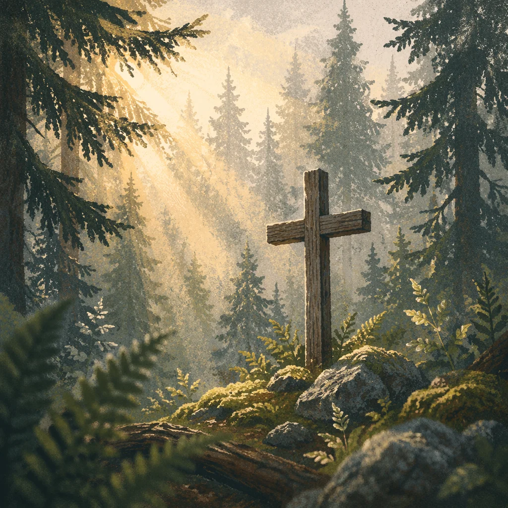 Wooden Cross in Evergreen Light Rays