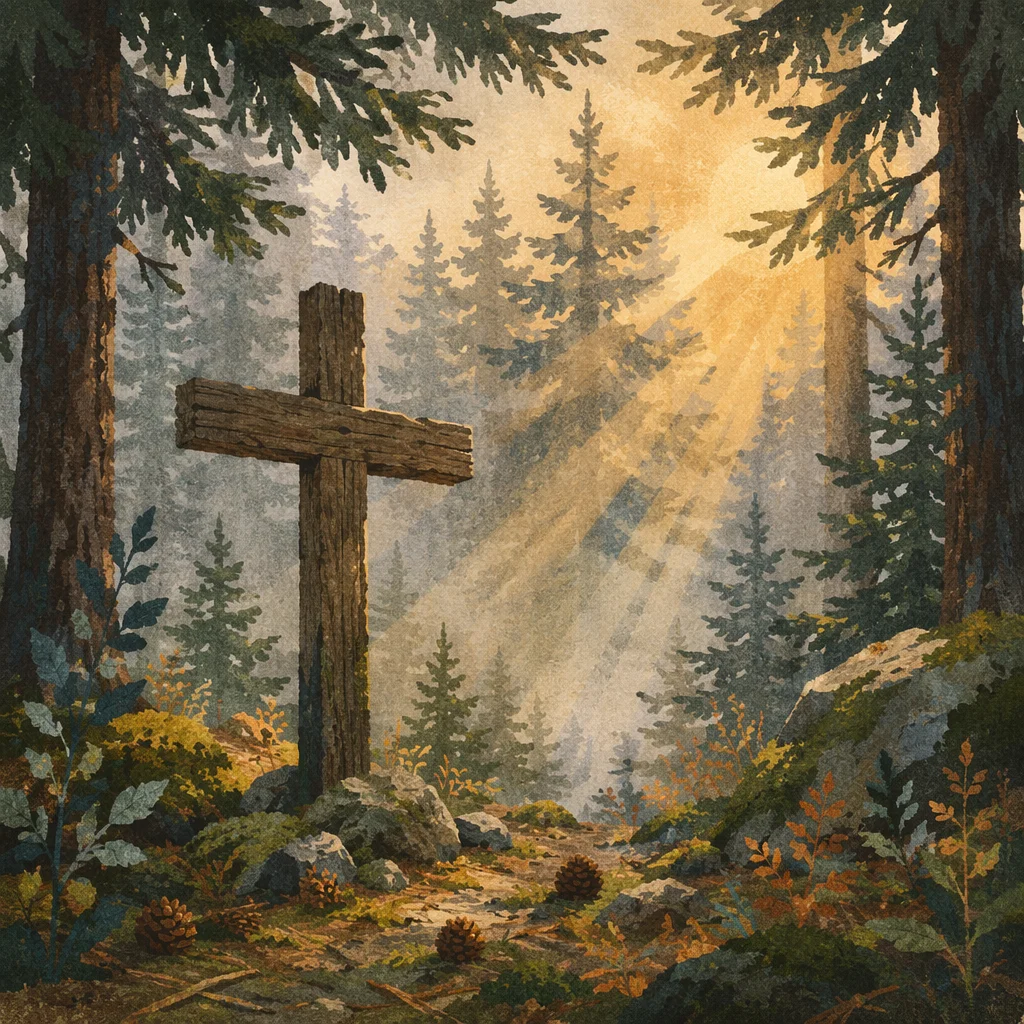 Wooden Cross in Evergreen Morning Light