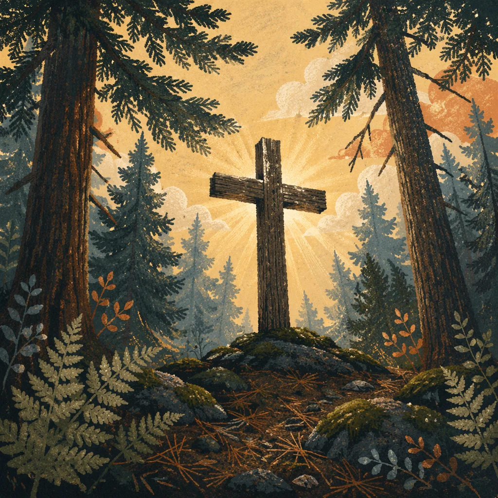 Wooden Cross in Evergreen Morning Light