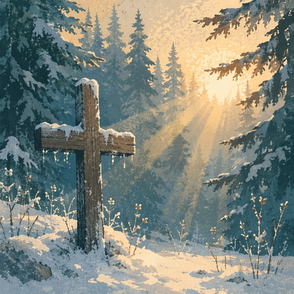 Wooden Cross in Winter Evergreen Light