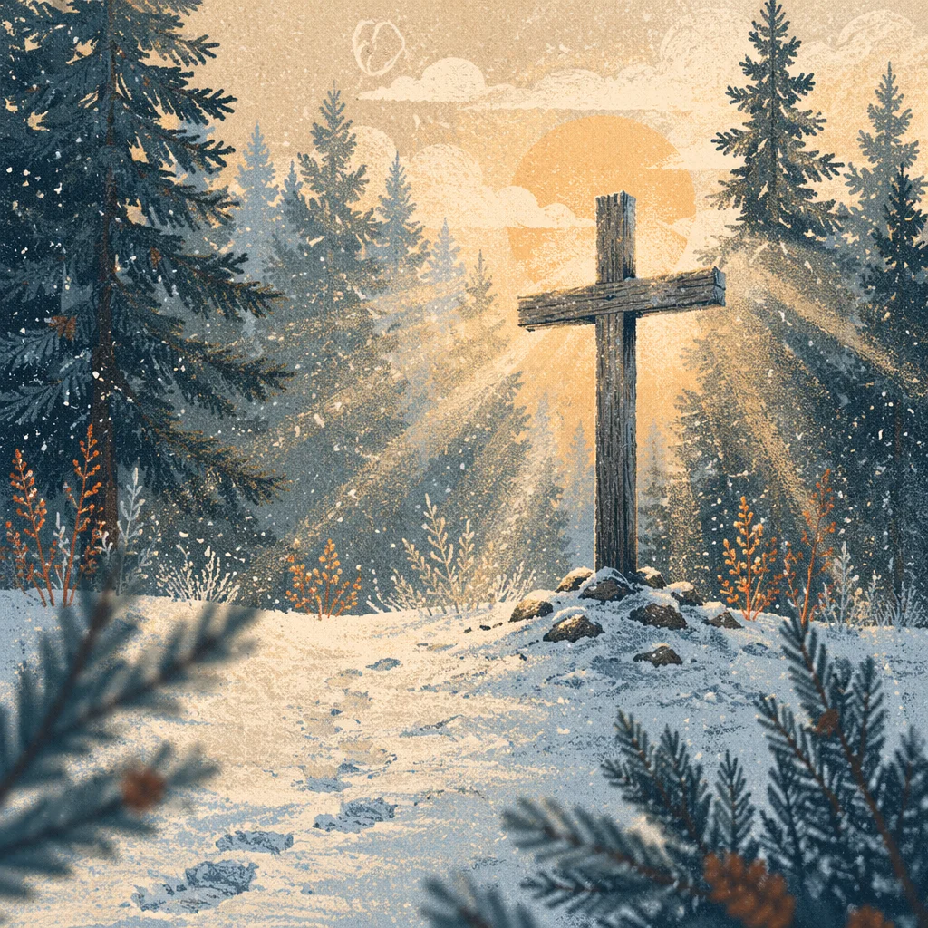 Wooden Cross in Evergreen Winter Light