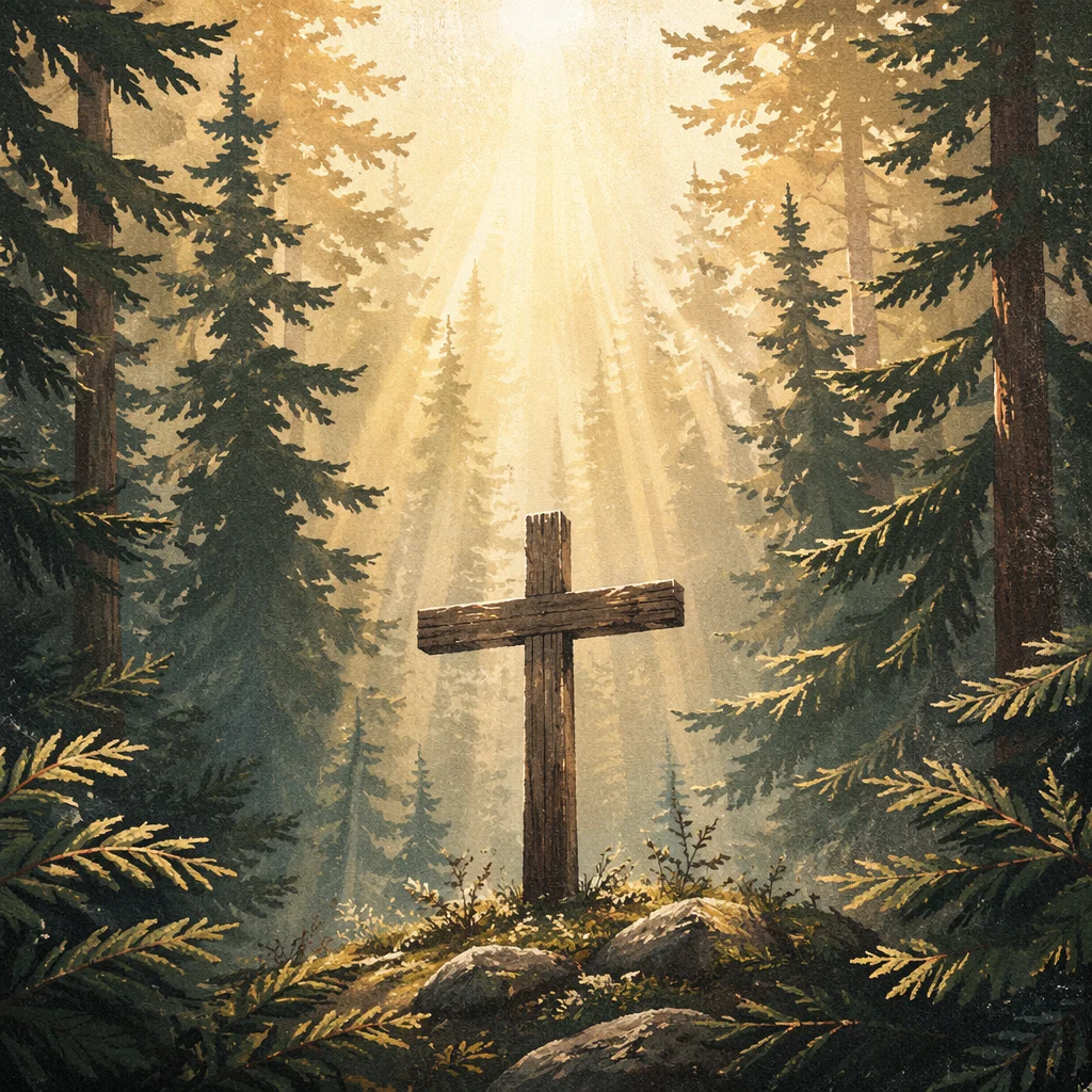 Wooden Cross in Evergreen Morning Light