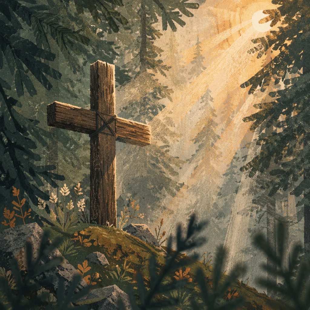 Wooden Cross in Evergreen Morning Light
