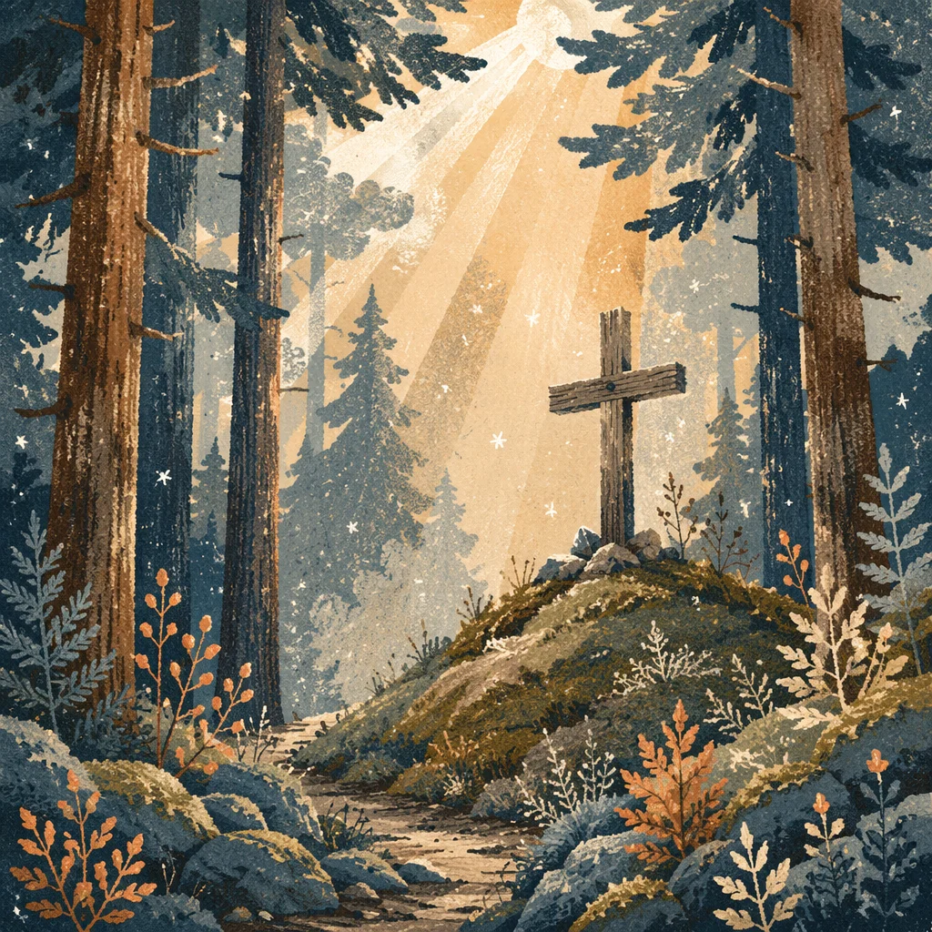 Wooden Cross in Evergreen Dawn Rays