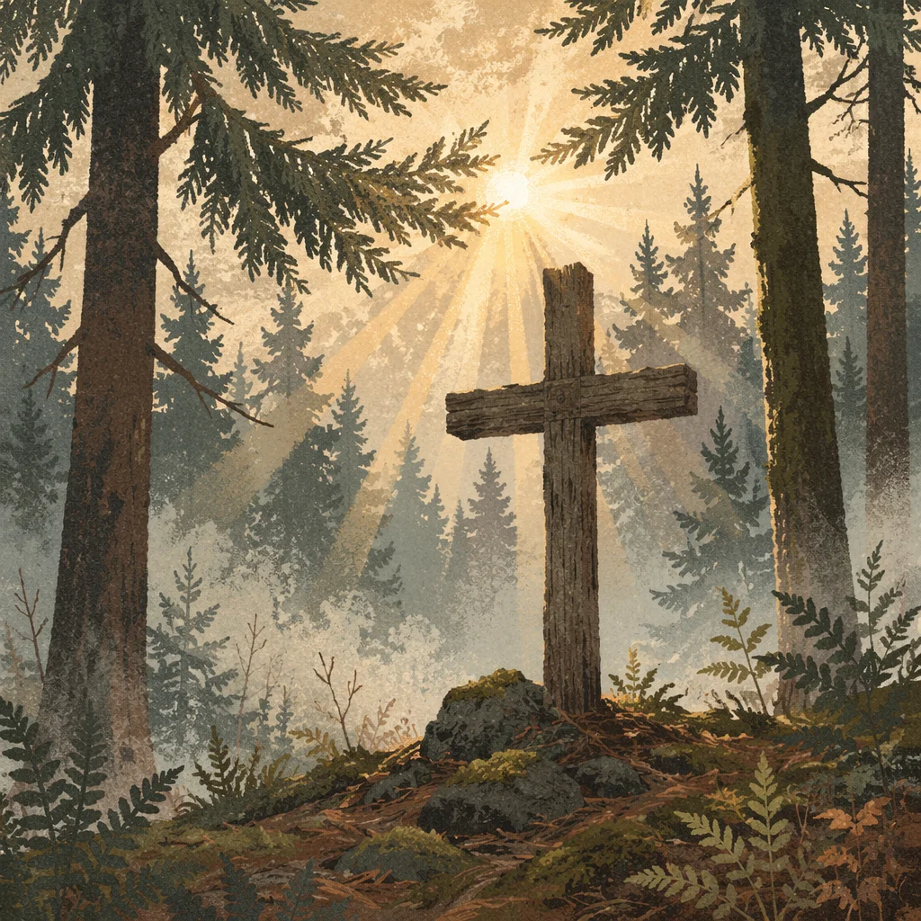 Wooden Cross in Evergreen Sun Rays