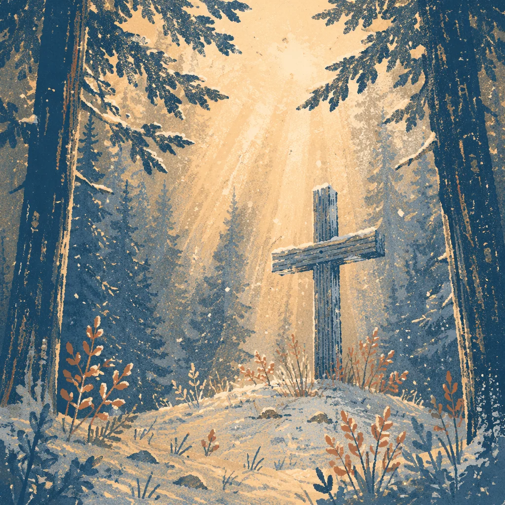 Wooden Cross in Evergreen Dawn Light