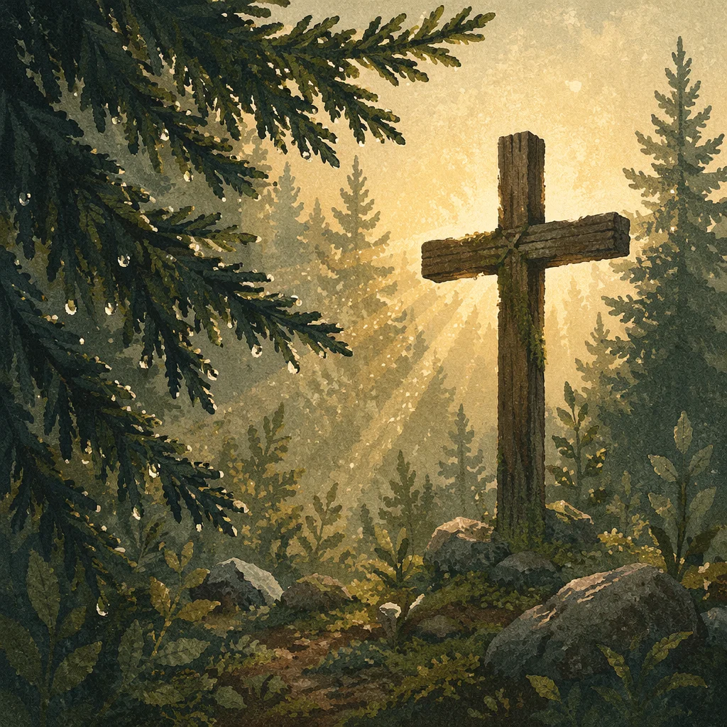 Wooden Cross in Evergreen Dawn Light