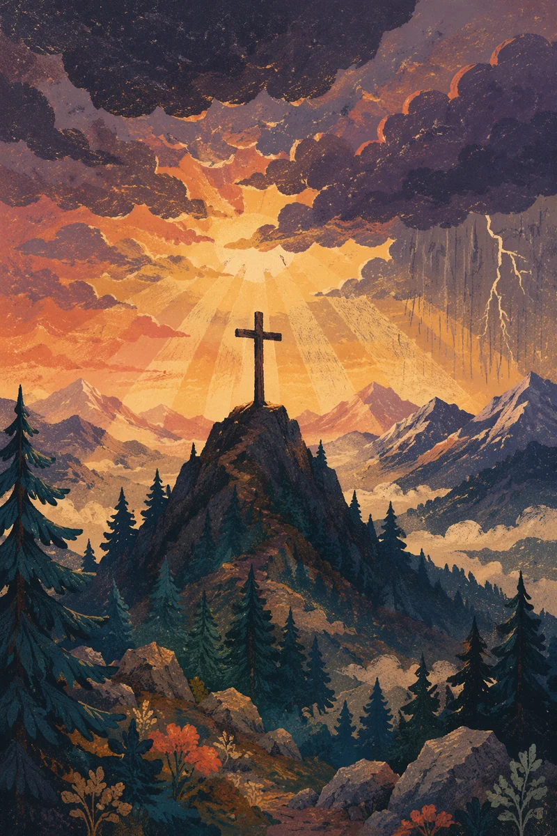 Wooden Cross With Light Rays Over Mountains