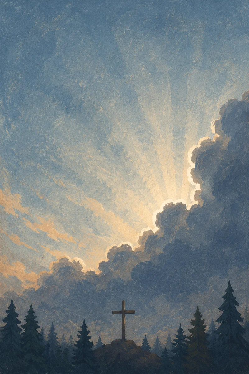 Wooden Cross Beneath Hopeful Storm Light Rays