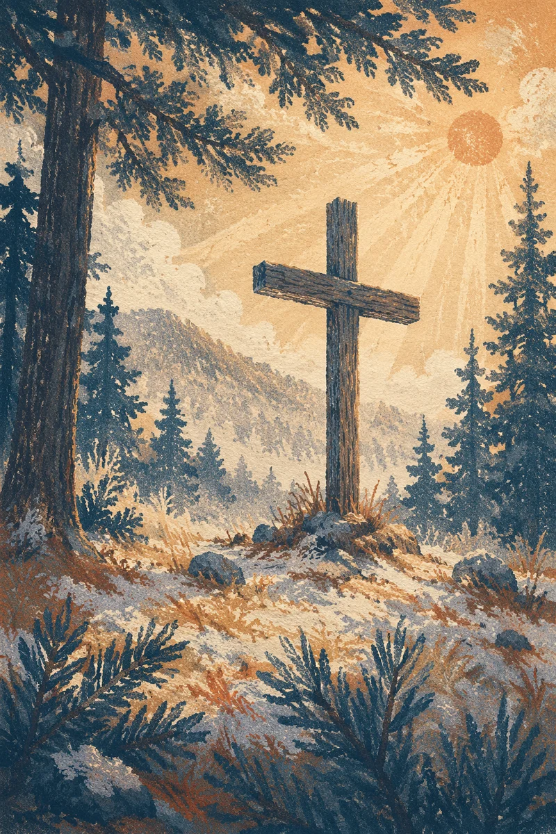 Weathered Cross in Evergreen Morning Rays