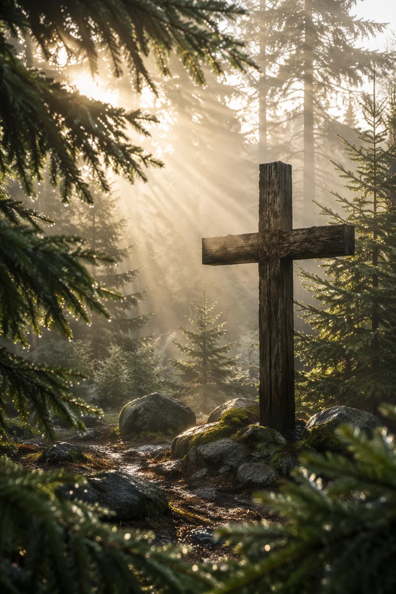 Wooden Cross in Misty Evergreen Light