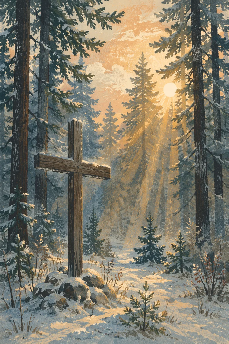 Weathered Cross in Evergreen Morning Light