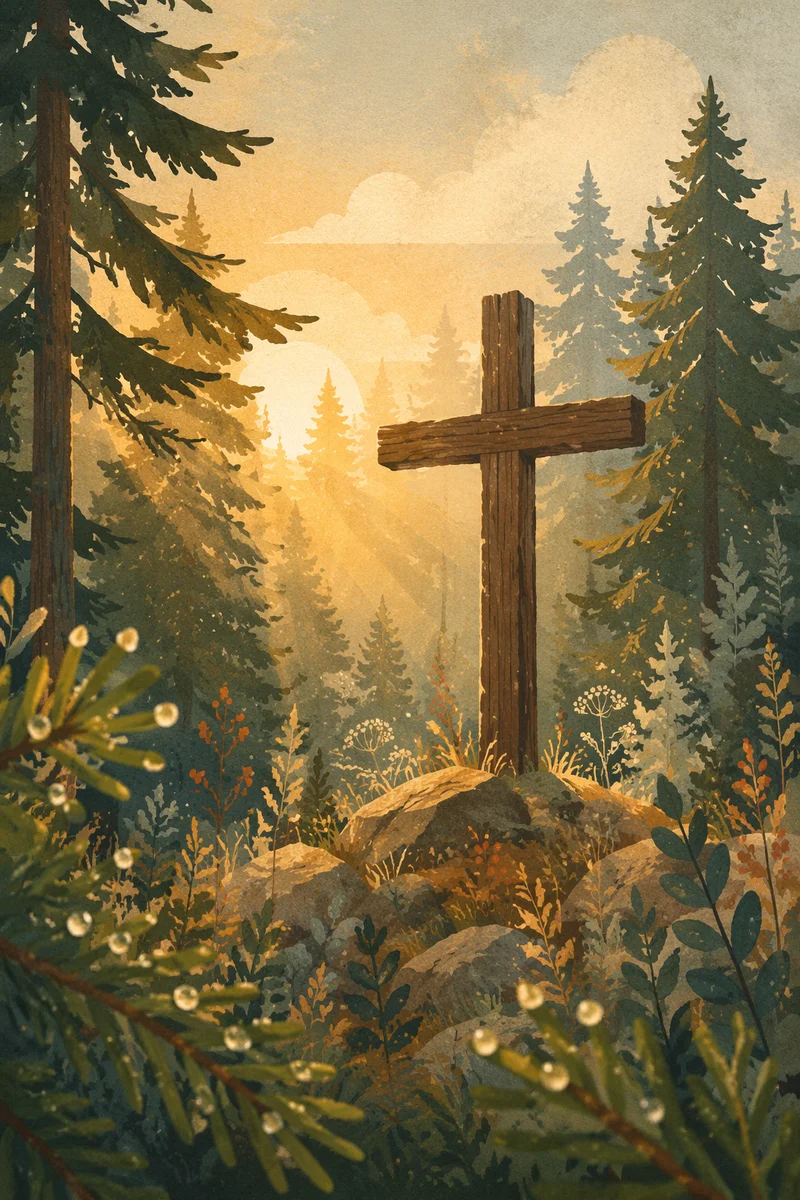 Wooden Cross in Evergreen Light Rays