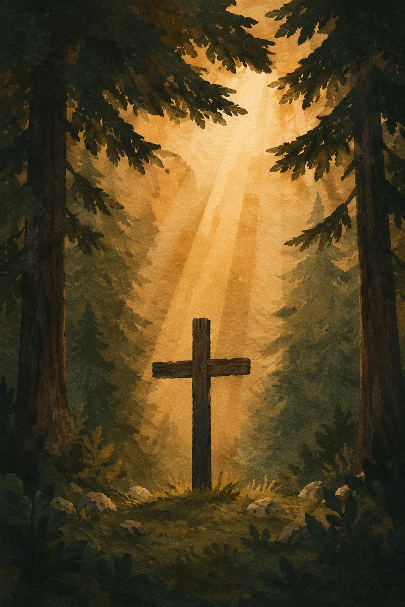 Wooden Cross with Light Rays in Evergreens